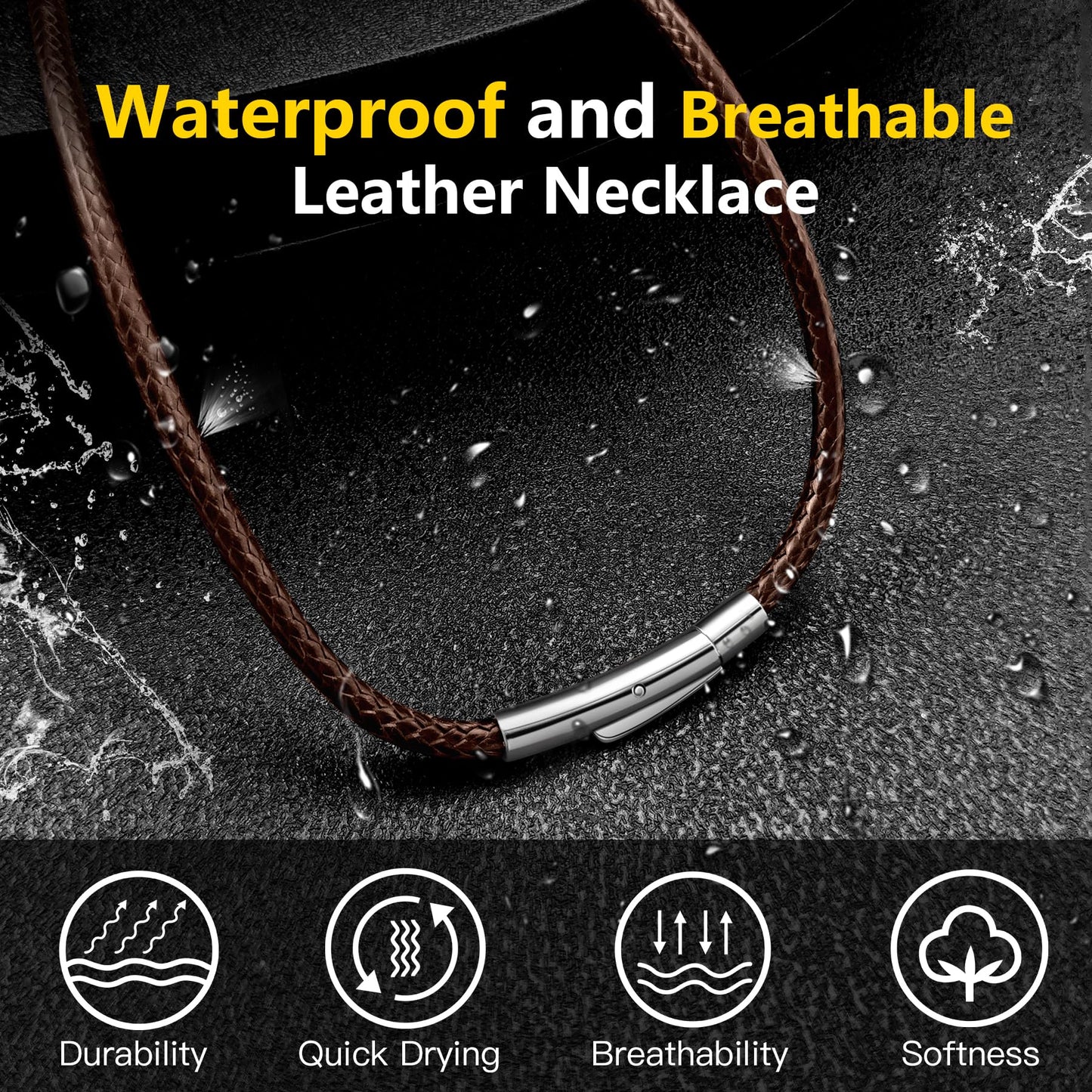 Oaldilee Mens Brown String Necklace Cord Leather Chain 3mm 22 Inch Braided Rope Jewellery Mens Waterproof Chain with Stainless Steel Clasp