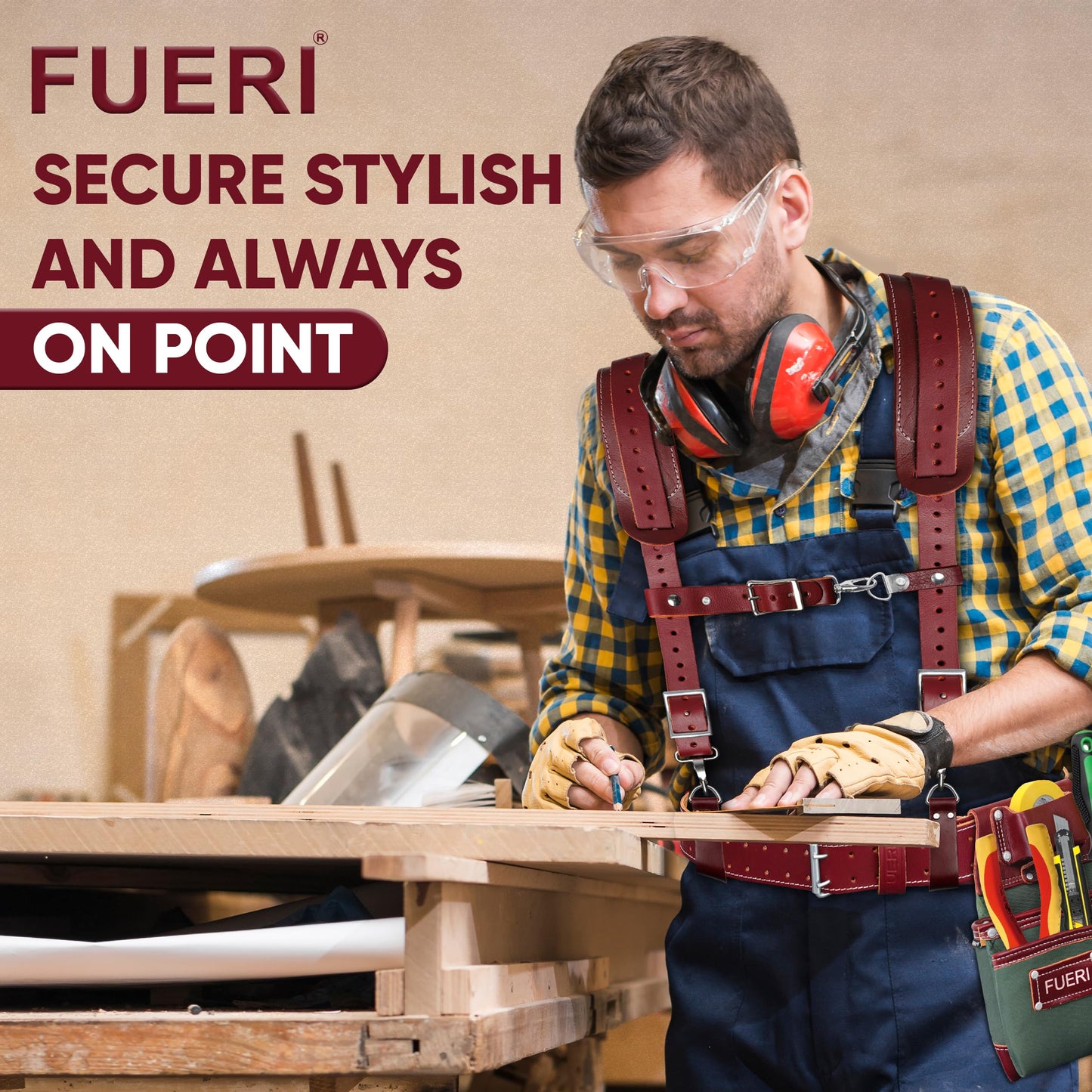 FUERI Maroon Full Grain Leather Tool Belt Suspender for Men | Heavy Duty Tools Suspenders with Foam Padding on Shoulder | Adjustable Suspender With 4 Loops for Carpenters and Electricians