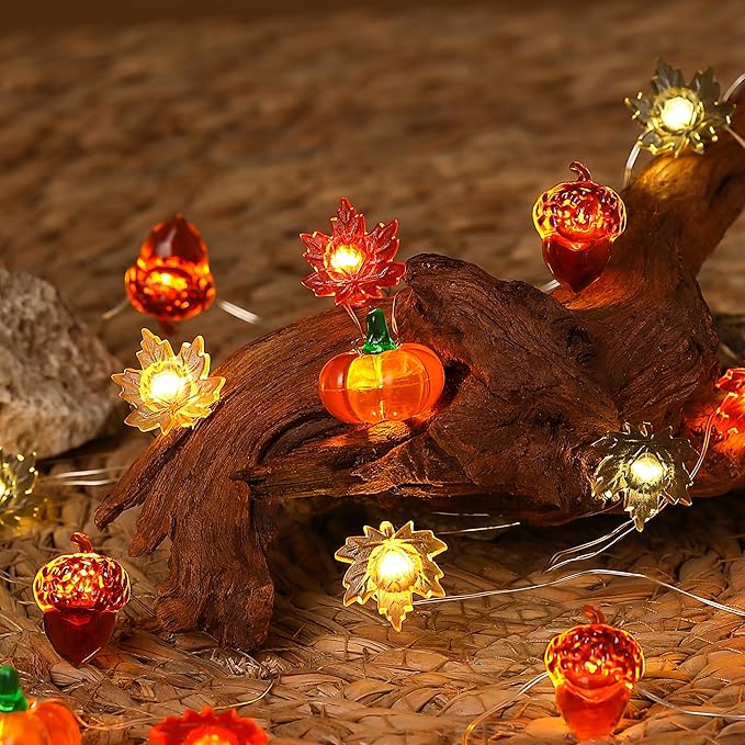 Fall Lights 10Ft 30 LEDs Fall Decorations Battery Operated Acorn 3D Pumpkin Maple Leaf String Lights for Home Autumn Garland Harvest Thanksgiving Party Christmas