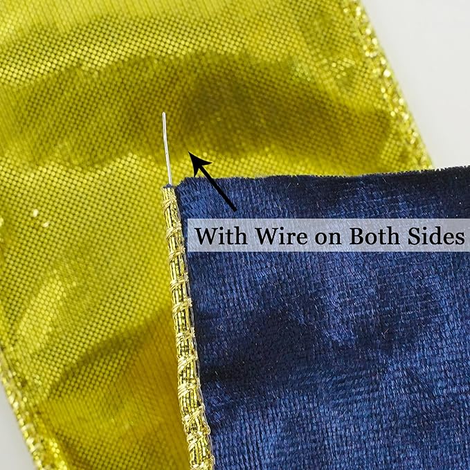 MEEDEE Navy Blue and Gold Velvet Ribbon 2.5 inch Thick Velvet Wired Edge 10 Yards Spool Two Tone Ribbon for Christmas Tree, Gift Wrapping, Wreaths, Bows, Swags, Crafts Supply