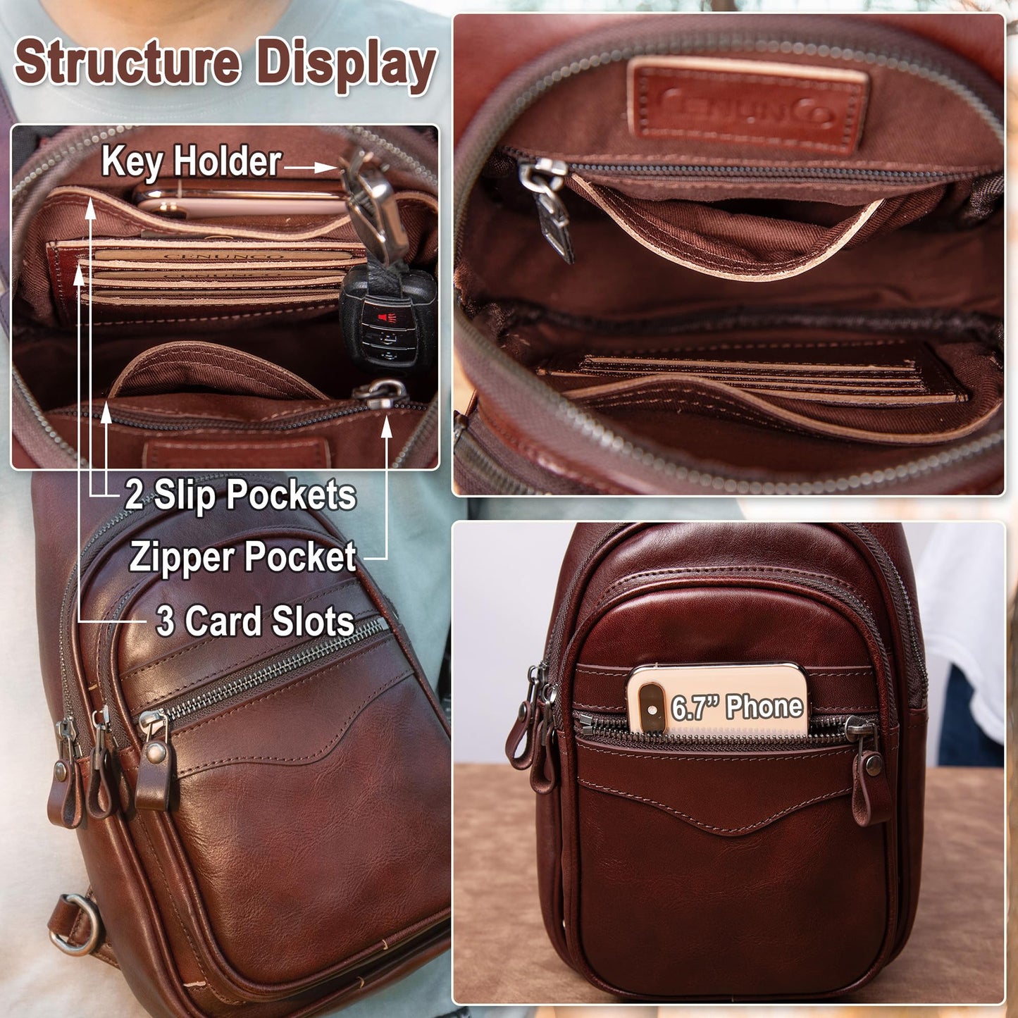 CENUNCO Genuine Leather Sling Bag for Men and Women Crossbody Shoulder Bag Sling Backpack Chest Purse Carry on Casual Daypack(Dark Brown)