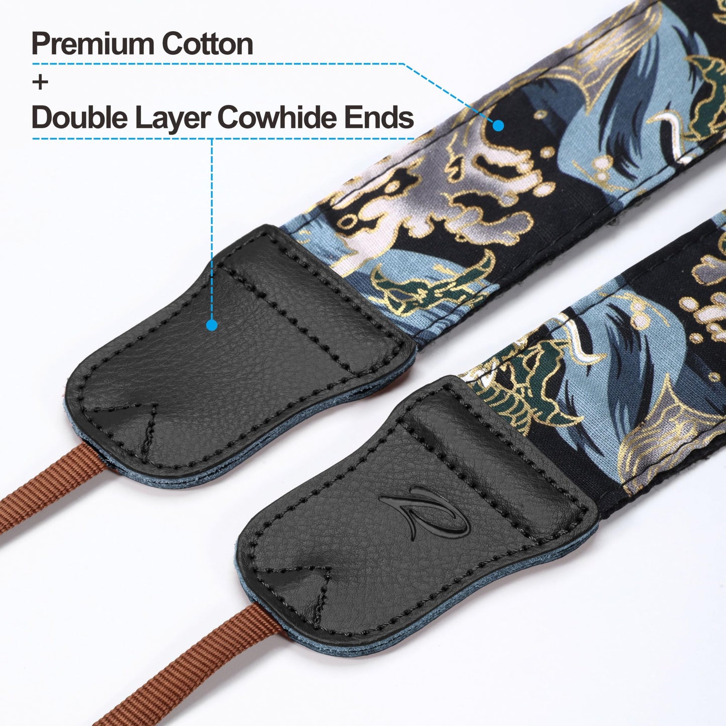 Padwa Lifestyle Blue Wave Camera Strap - 2" Cowhide Leather Head Cotton Camera Straps for Photographers,Vintage Japanese Art Print Adjustable Neck & Shoulder Strap for ALL DSLR/SLR Cameras