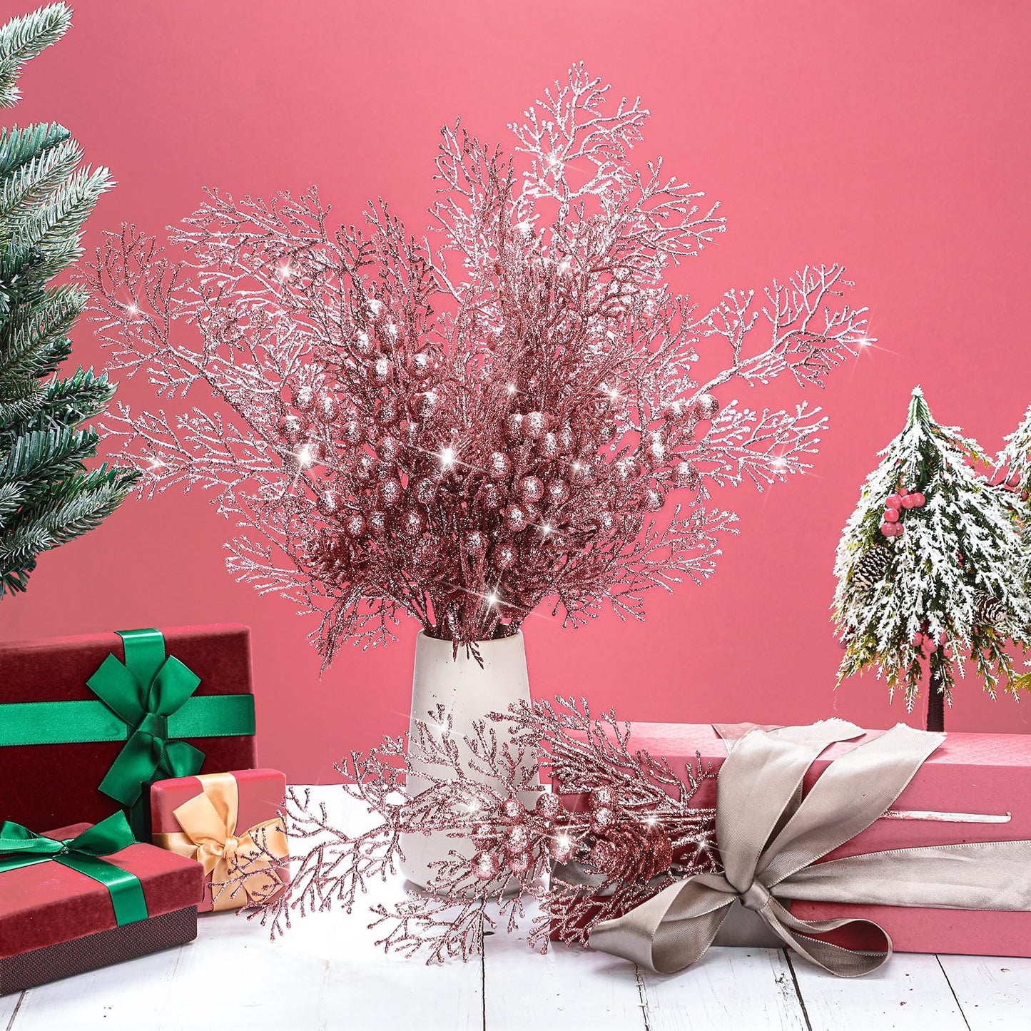 Tigeen 12 Pcs Christmas Tree Picks Bulk Artificial Christmas Tree Filler Glitter Berries Stems Branches Floral Decorations 15.75'' Xmas Sprays Twigs Berry Picks for Vase (Rose Gold)