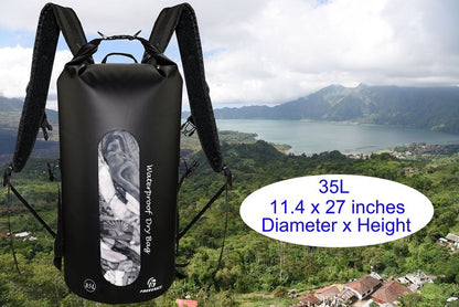 Freegrace Waterproof Dry Bag Set of 3 - Submersible Dry Sack with Double Zip Lock Seals - Includes Waist Pouch & Phone Case - Perfect for Kayaking, Swimming, Boating & Rafting (Window, Black, 35L)