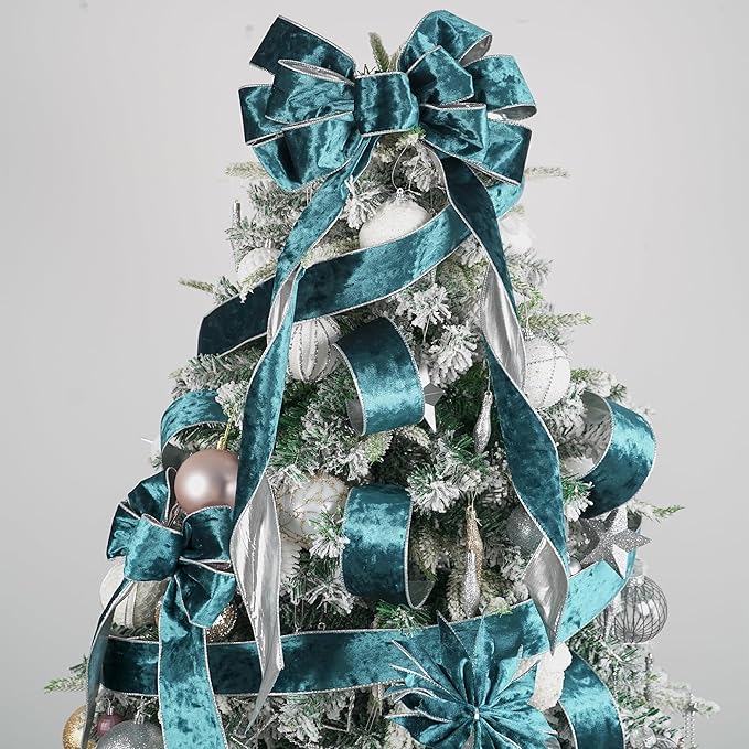 MEEDEE Crushed Teal Velvet Ribbon with Silver Back Double Sided 2.5 inch 10 Yards Blue and Gray Wired Ribbon for Christmas Tree, Wreath Supplies, Crafts Bow, Garlands, Seasonal Decorations