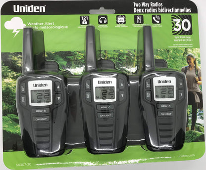 Uniden SX307-3C FRS 3-Pack, Up to 30-Mile Range, Walkie Talkies, 22-Channel FRS 2-Way Radios - Black
