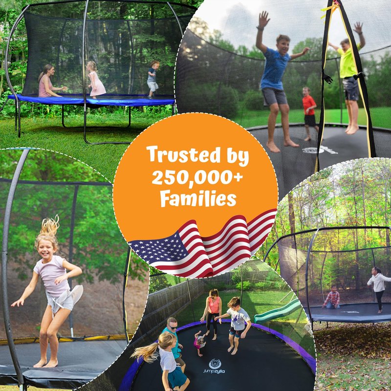 JUMPZYLLA Trampoline Outdoor 8FT 10FT 12FT 14FT 15FT 16FT with Enclosure and Ladder, ASTM Approved Recreational Trampoline for Kids and Adults, Anti-Rust Coated Frame (Purple, 16FT)