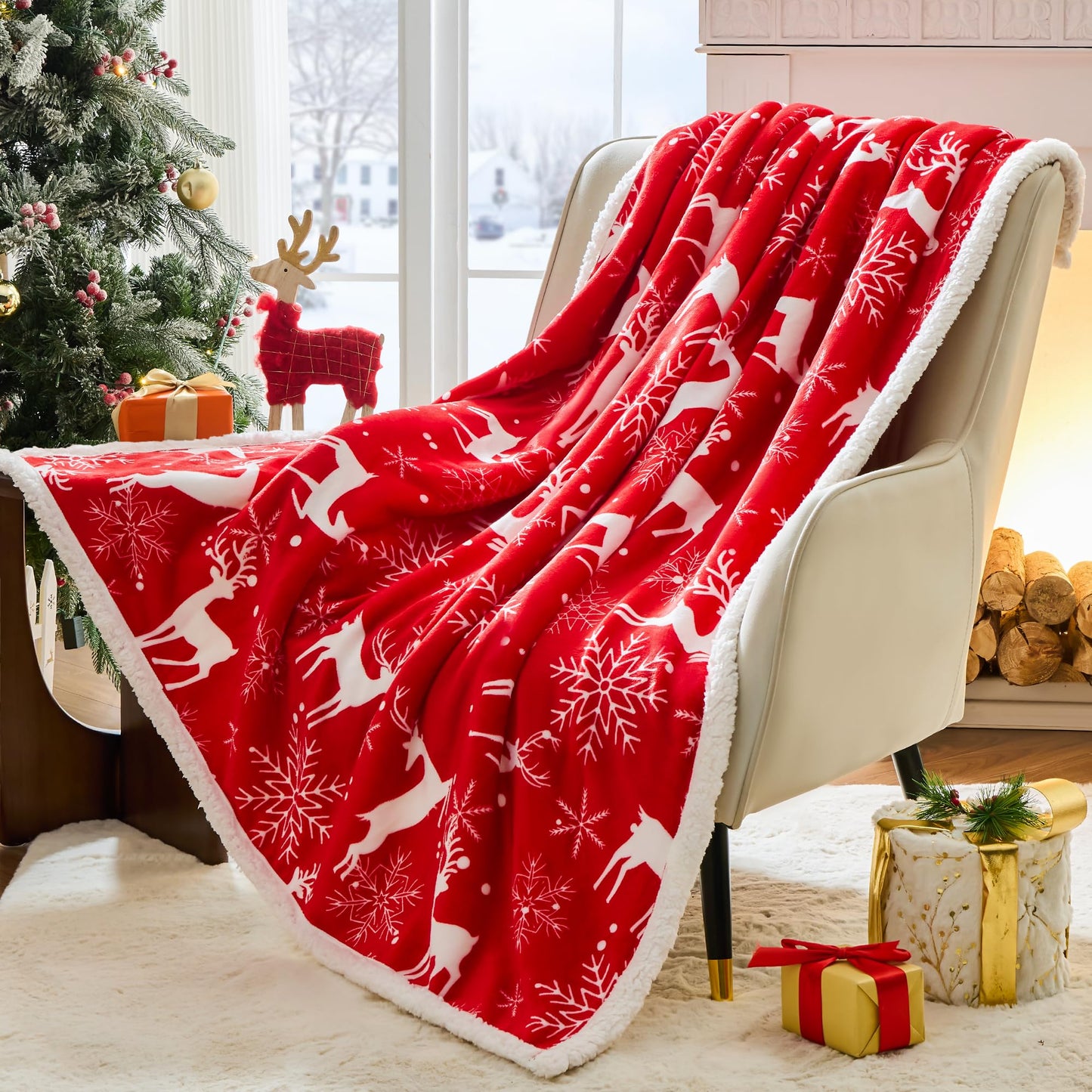 NORD ECO Christmas Throw Blanket, Christmas Decorations Gifts for Women, Sherpa Flannel Fleece Winter Holiday Blanket, Fluffy Cozy Soft Christams Throws for Couch Sofa Bed, Reindeer Stars, 50" X 60"