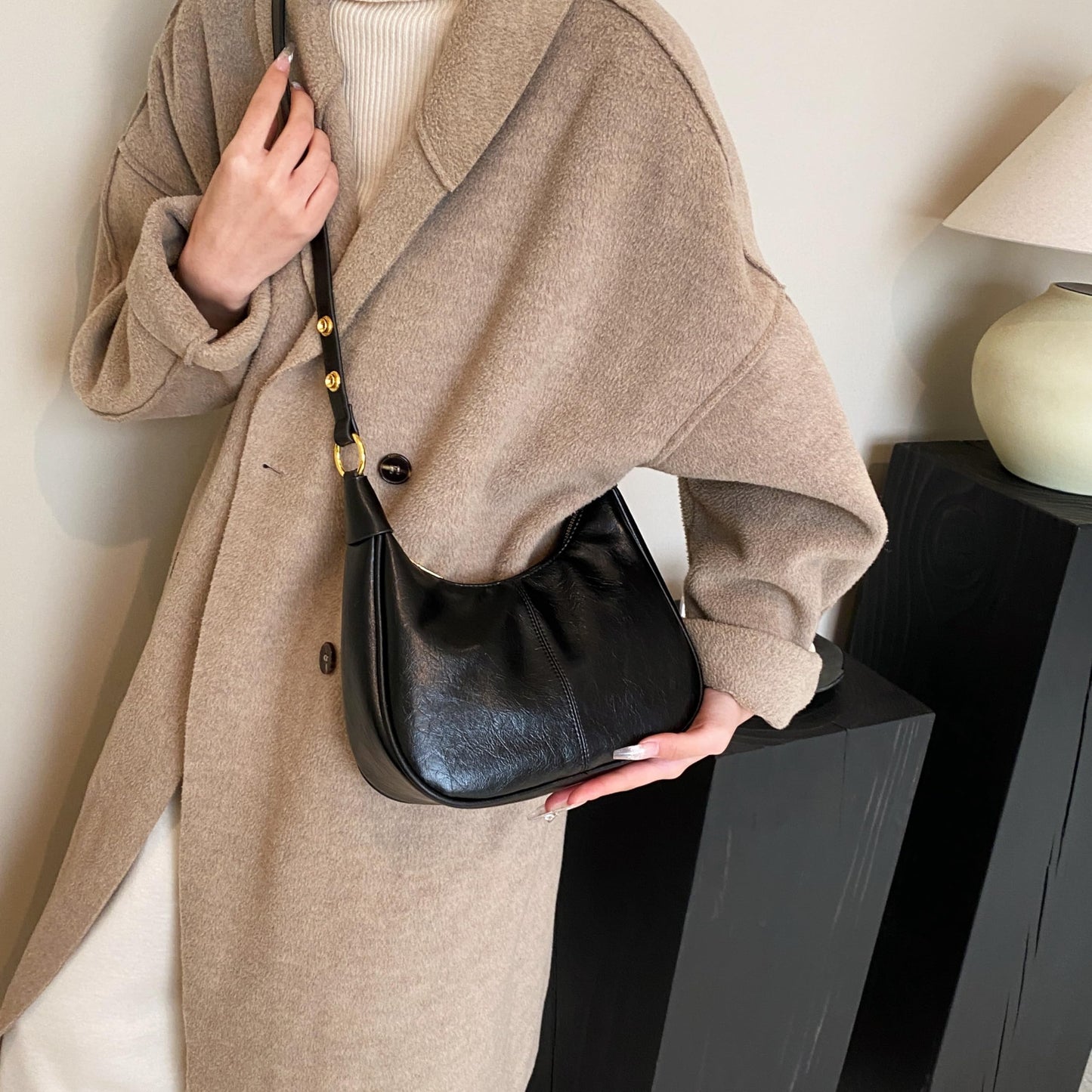 JYG Small Hobo Bags for Women Retro Crescent Black Shoulder Purse Fall Soft Crossbody Handbag 2026