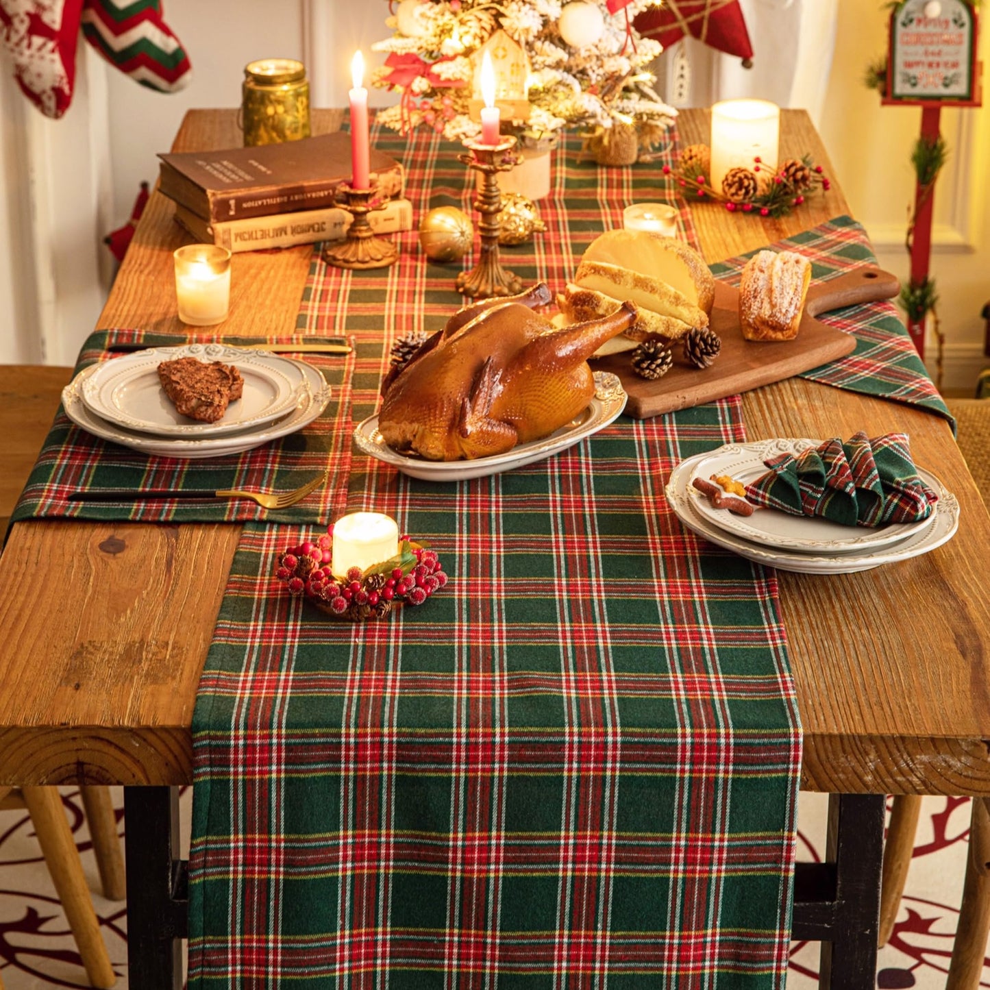 Green Red Plaid Christmas Table Runner, Winter Holiday Table Runners 108 inches Long Xmas Decorations Indoor Outdoor Farmhouse Home Kitchen Dining Party Decor