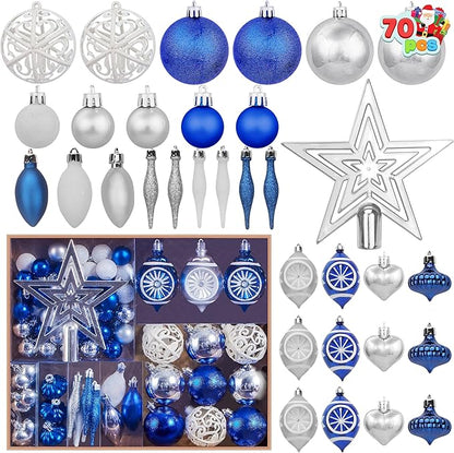 Joiedomi 70Pcs Assorted Christmas Ornaments Set with Ball Ornaments, Star Topper and Heart, Hanging Shatterproof Christmas Ornaments for Holidays and Xmas Tree Ornaments (Blue, Silver&White)