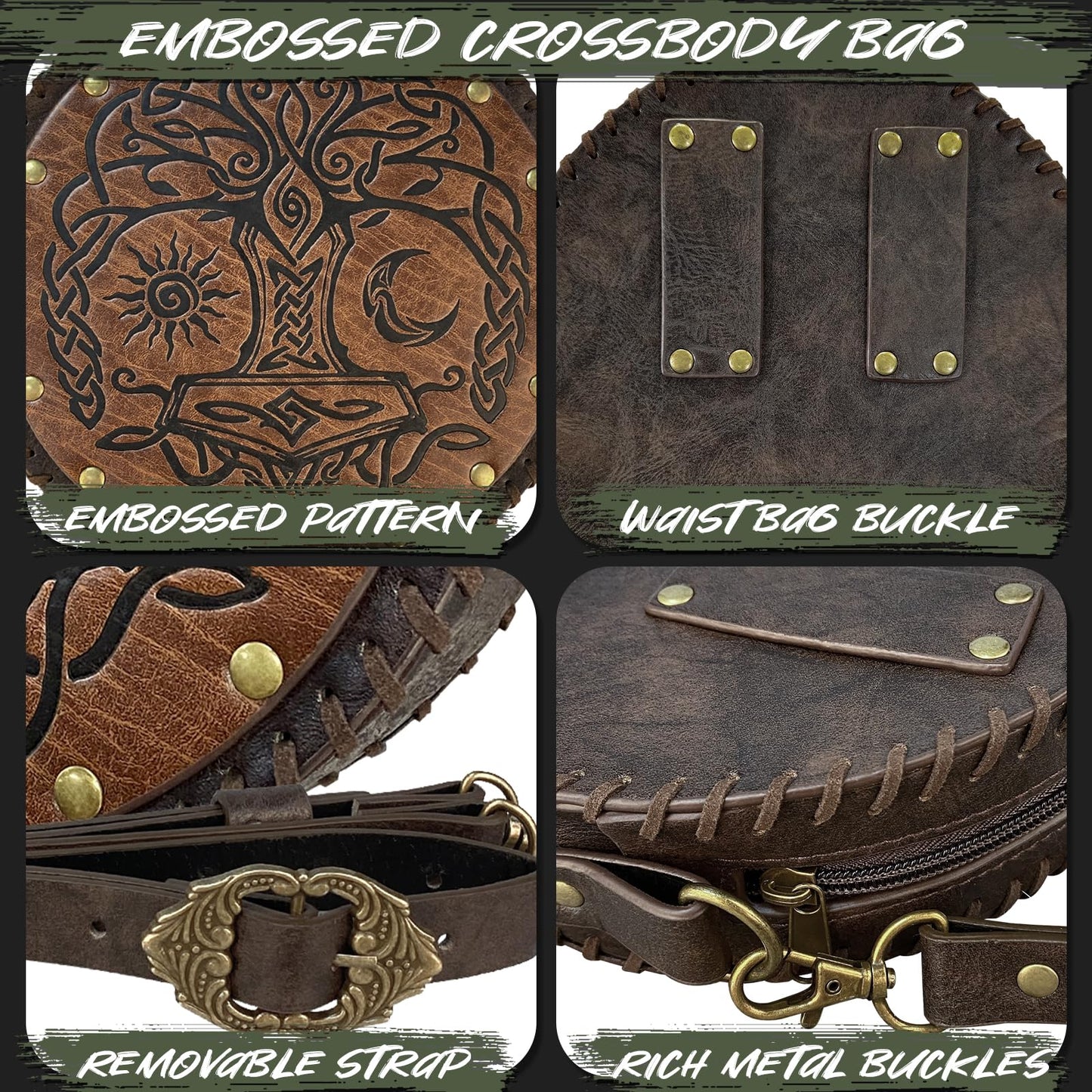 HiiFeuer Viking Embossed Crossbody Bag, Nordic Faux Leather Belt Bag Satchel Bag, Medieval Portable Cosplay Shoulder Bag (Brown B)