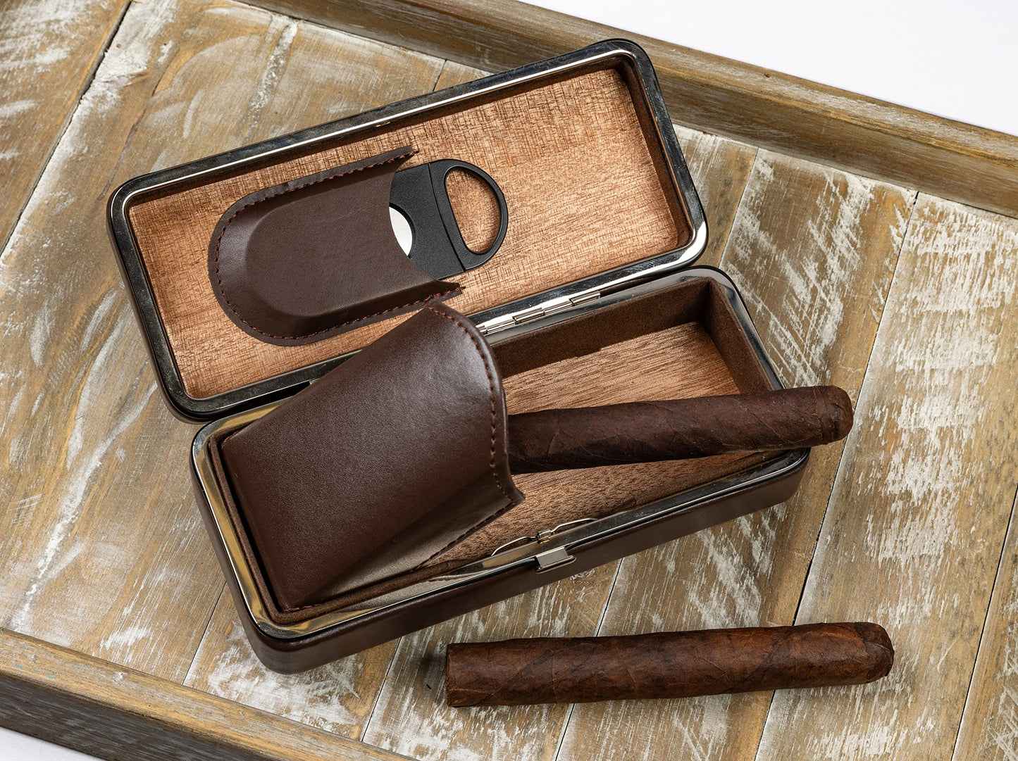 Prestige Import Group - 3 Cigar Folding with Snap Lock Cigar Travel Case - Color: Brown