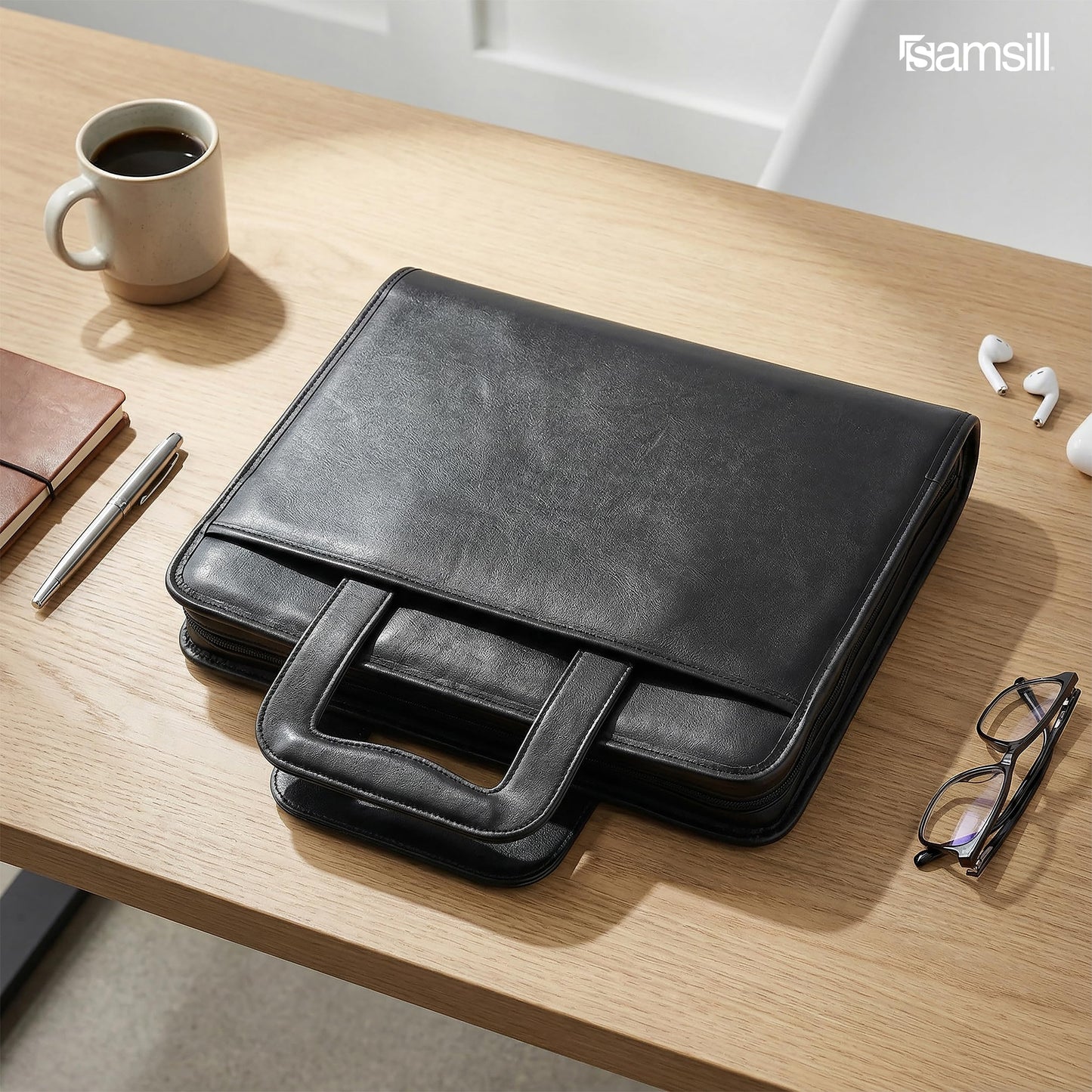 Samsill Professional Padfolio/Portfolio with Zippered Closure Case, 2 Inch Removable Round Ring Binder, Retractable Handles, Interior 10.1” Tablet Sleeve, Black