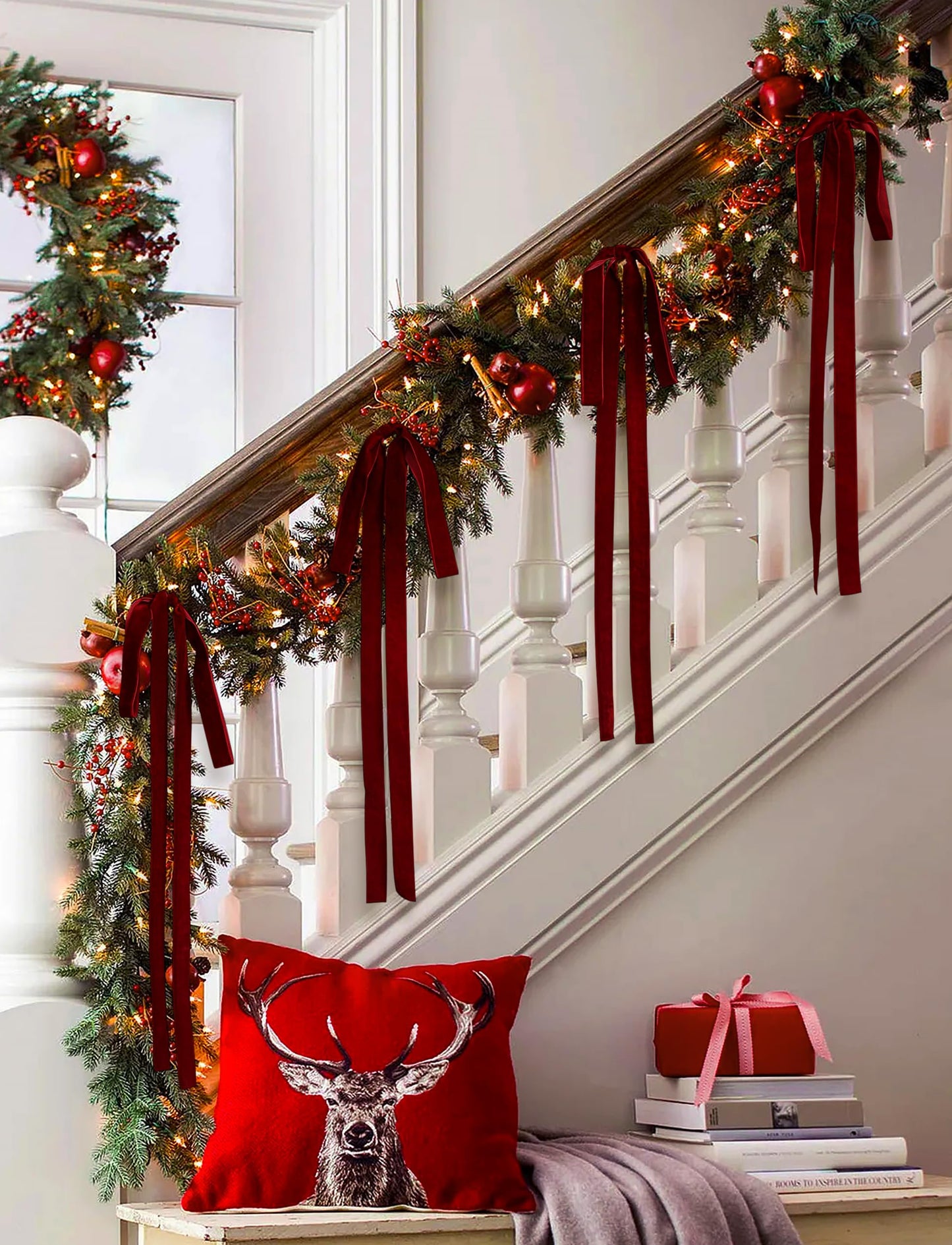 SIMISI RIBBON Burgundy Long Velvet Bows Ornaments for Christmas Tree, Wreath, Garland, Swag, Staircase, Fireplace, Door (15 * 24 inch, 6 Pieces)