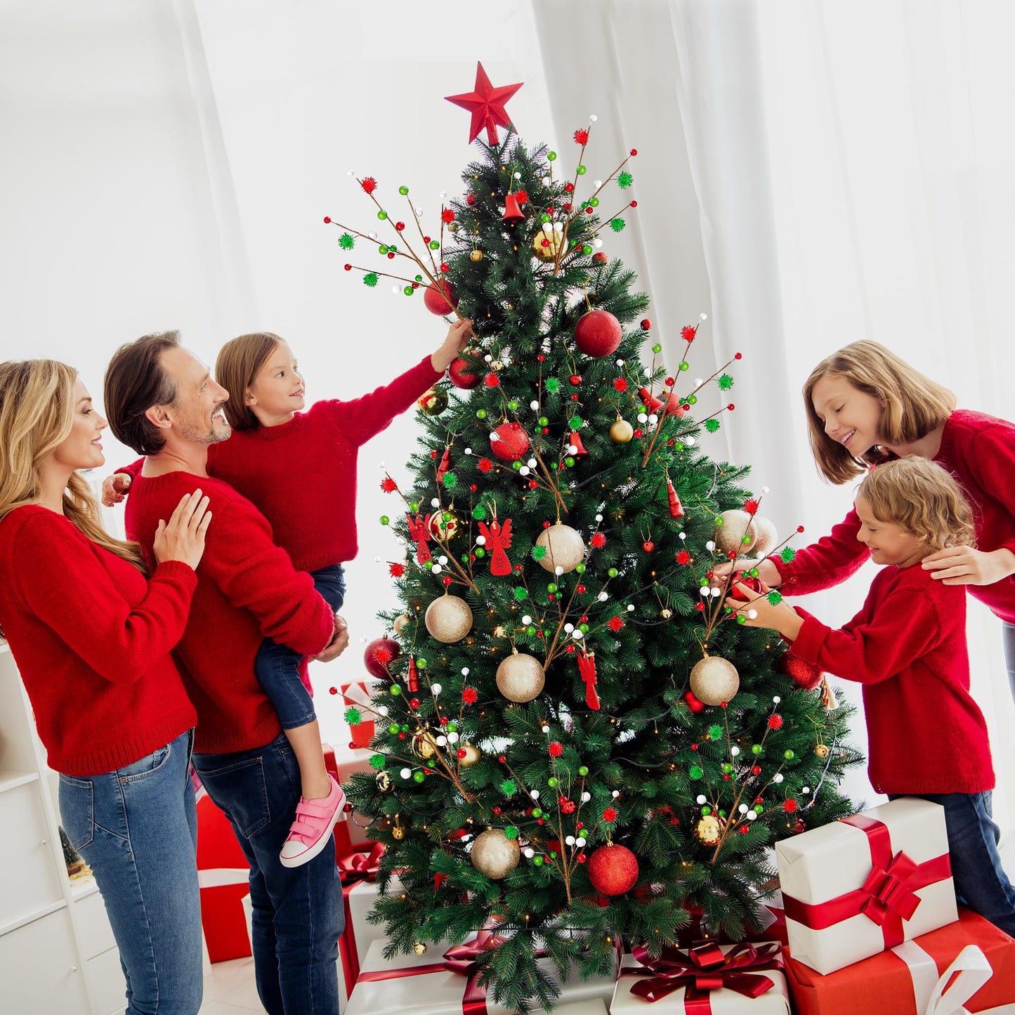 Sggvecsy 6Pcs Artificial Berry Stems 16inch Christmas Tree Picks Red Green White Berry Picks Fake Christmas Berry Branches for Floral Arrangements Christmas Tree Holiday Home Xmas DIY Crafts Decor