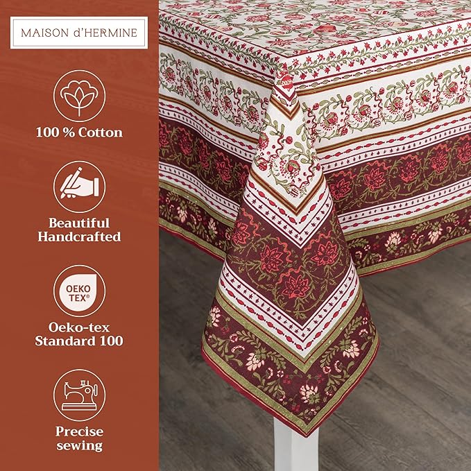 Maison d' Hermine Table Cloth Rectangle Table 100% Cotton 60 x 90 Inches Fall Tablecloth Reusable Everyday Use for Thanksgiving Christmas Decorations Dining Farmhouse Party (Reveillon Au Jardin)