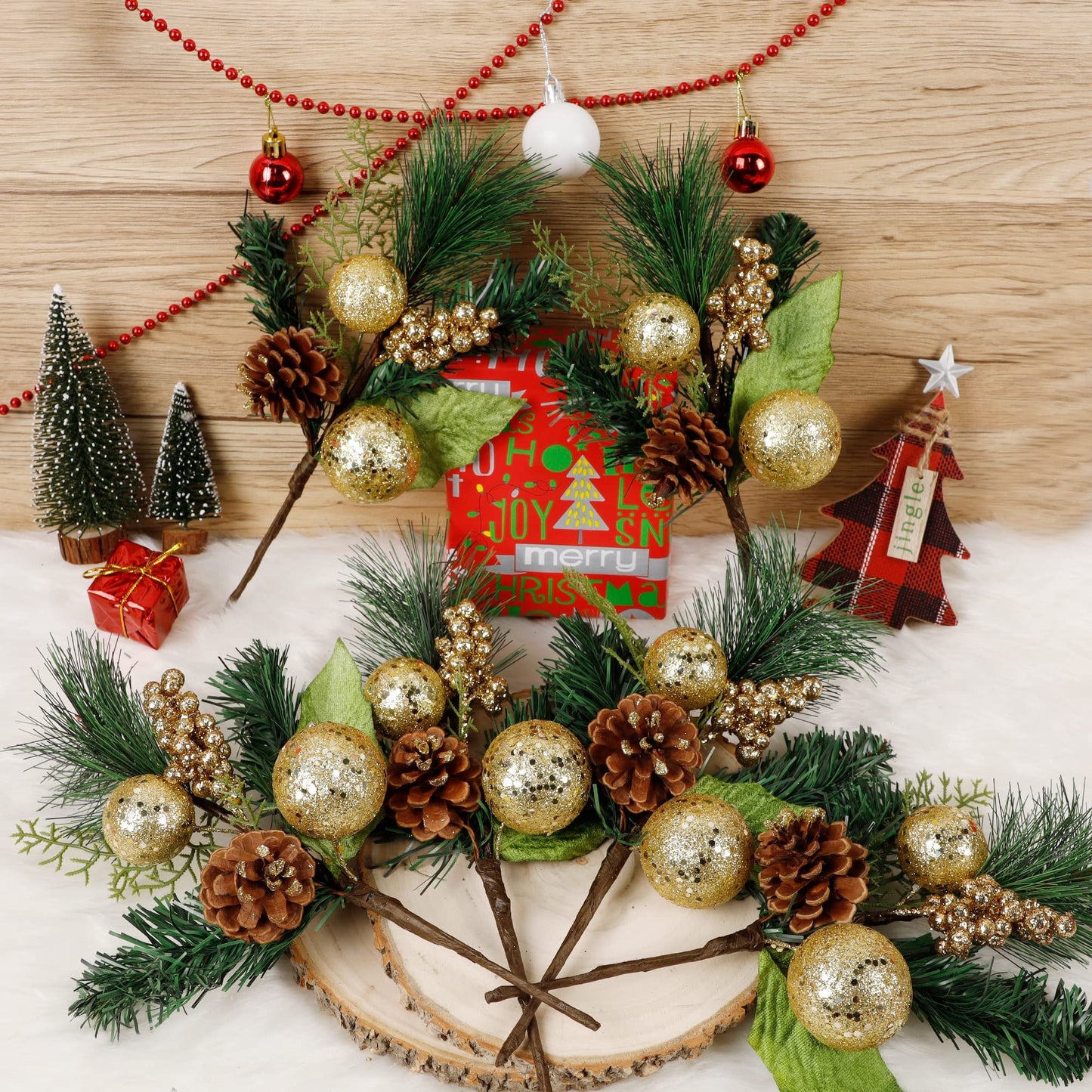 DR.DUDU Christmas Tree Ornaments 6 Pcs 12'' Gold Picks and Sprays with Brown Pine Cone Green Poinsettia Leaf, Artificial Berry Branches Stems Decorations DIY Crafts for Vase Filler Wreath Decor (Gold)