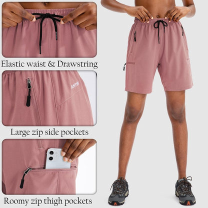 SANTINY Women's 5''/ 7''/9'' Hiking Cargo Shorts Quick Dry Lightweight Summer Shorts for Women Athletic Golf Zipper Pockets(Dusty Pink_XL)