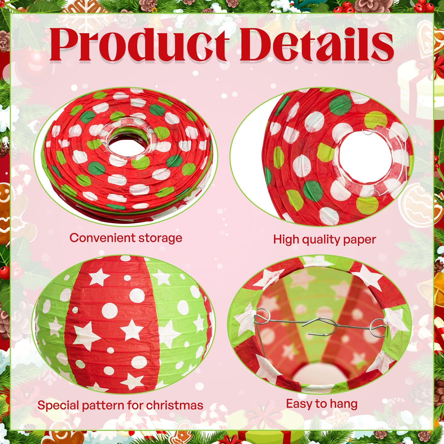 12 Pcs Red Green Christmas Hanging Paper Lanterns 8 Inch Christmas Party Lanterns Indoor Outdoor Decorative for Xmas Holiday Party Baby Shower Birthday