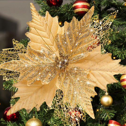 10'' Large Christmas Glitter Poinsettia Flowers Decorations, stadeco 10 Pcs Christmas Tree Picks Ornaments Artificial Flowers with Long Stems for Xmas Tree Wreath Garland Wedding Party DIY Decor