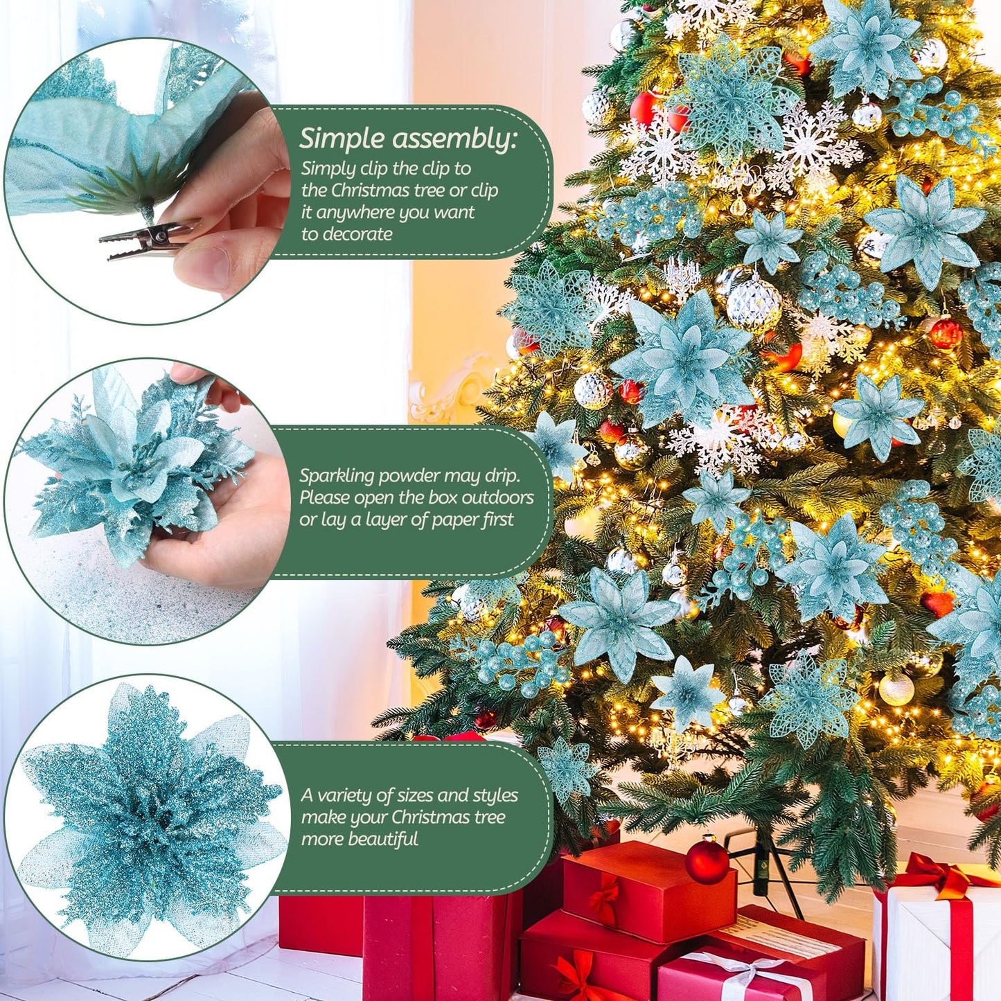 Zeyune 48 Pcs 3 Styles Christmas Glitter Poinsettia Flowers Artificial Berry Picks Artificial Christmas Flowers with Clips for Xmas Tree Wedding Wreath Holiday Party Decorations(Light Green)