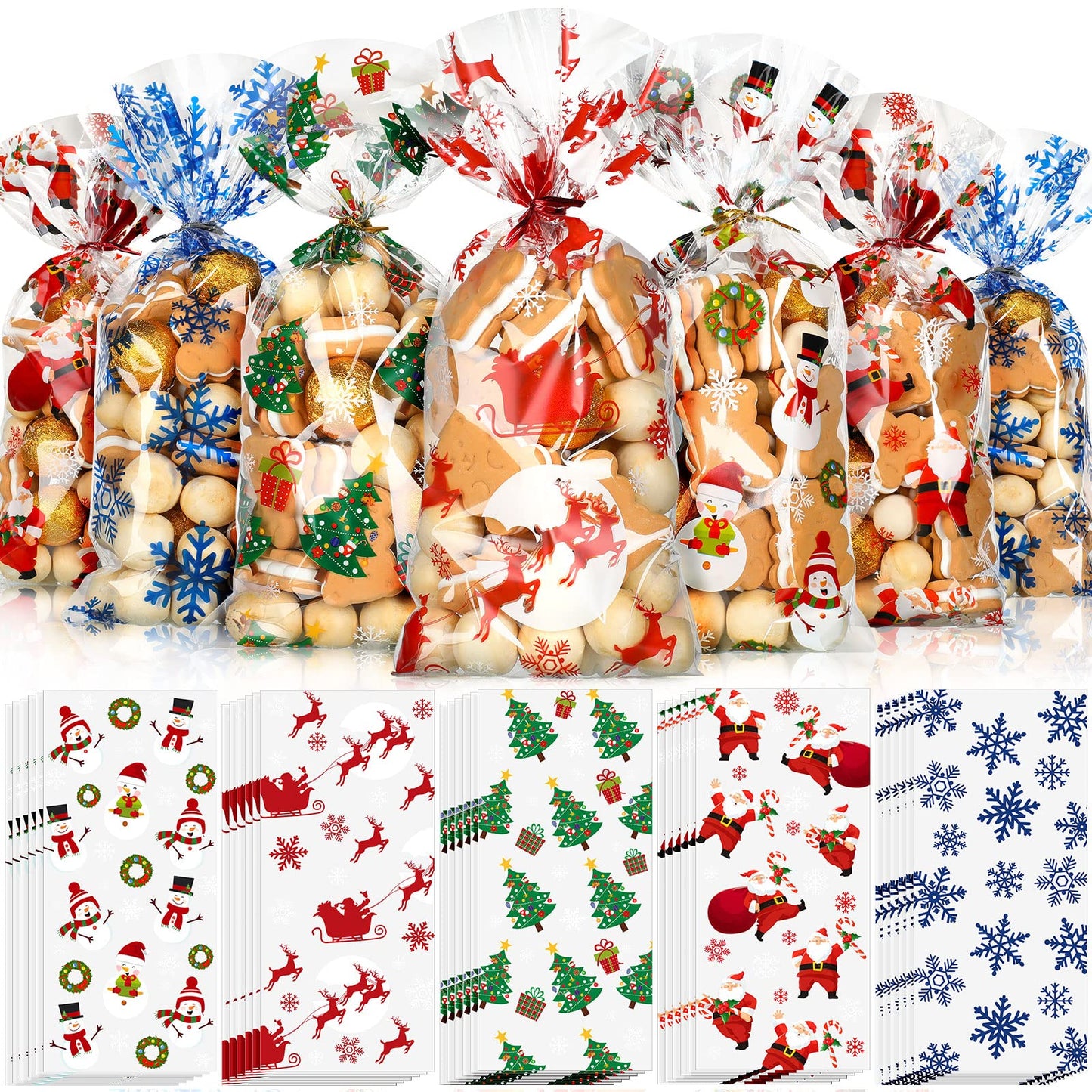 Outus 100 Pieces Christmas Cellophane Treat Bags, Plastic Christmas Cello Bags with Twist Ties for Candy, Cookie, Goodies, Gift Wrap, Xmas Party Favor Supplies (Santa)