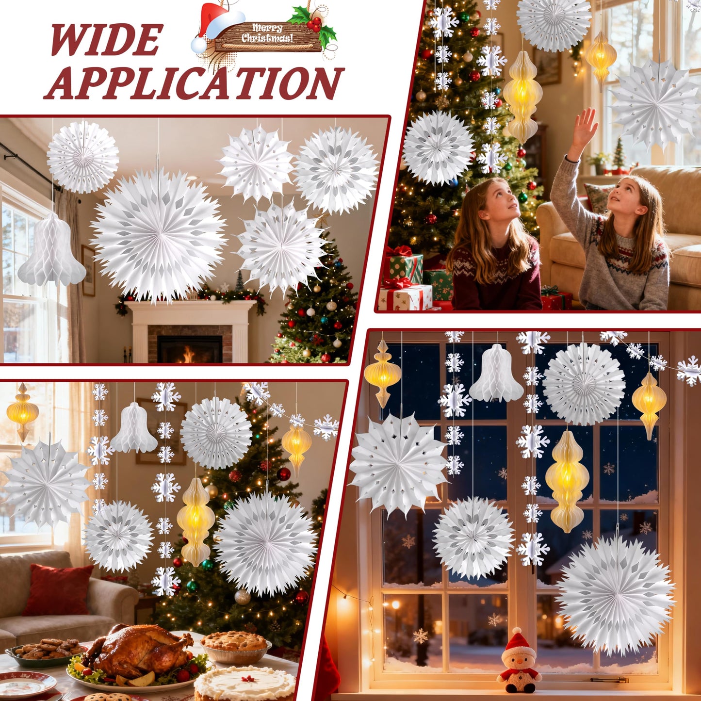 White Christmas Hanging Decorations Set, 3D Paper Honeycomb Ornaments Decorative Honeycomb Bell Lanterns with Lights, Paper Snowflake Fans Garlands for Xmas Tree Winter Wonderland Holiday Party Decor