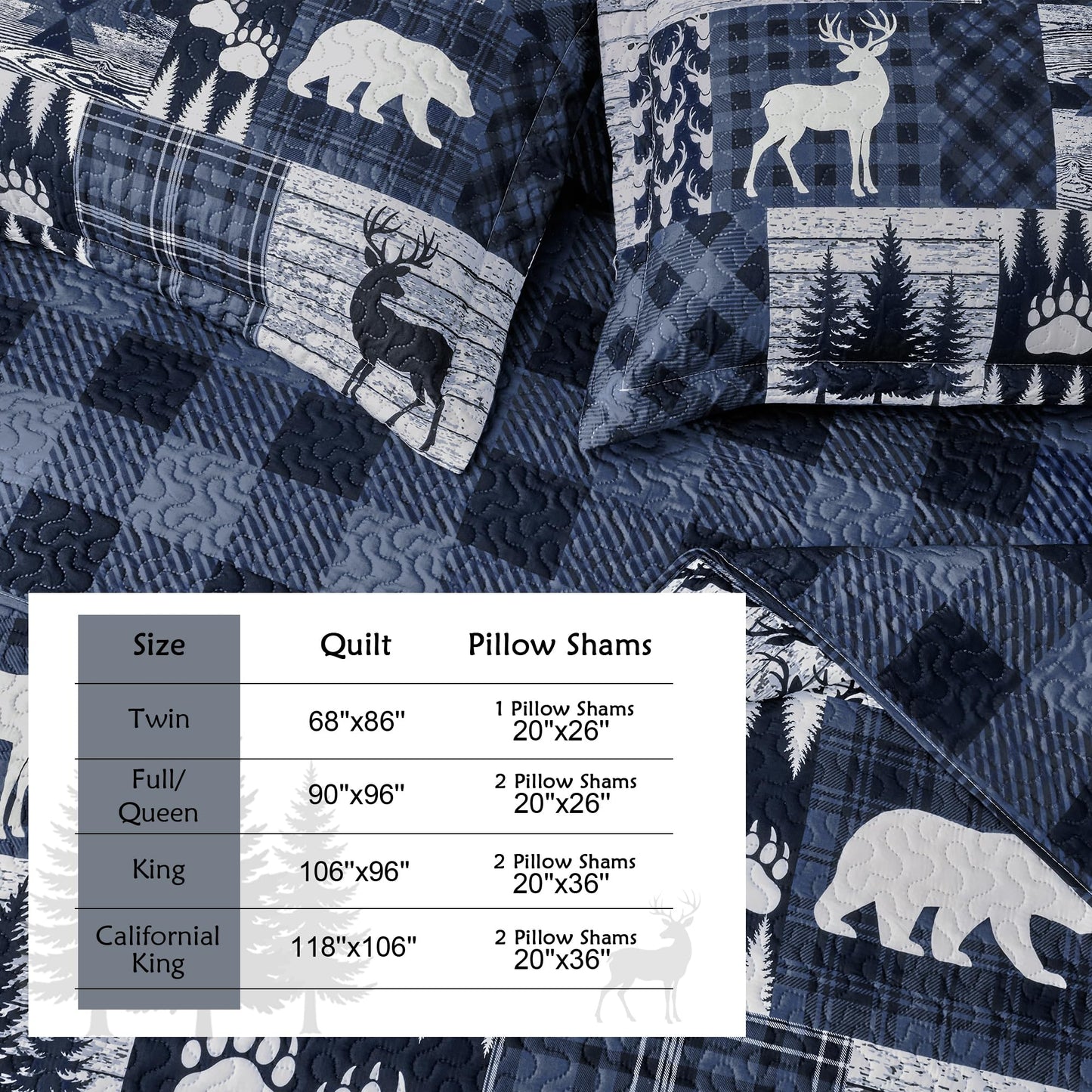 3 Piece Cabin Full/Queen Quilt Sets Farmhouse Rustic Reversible Microfiber Soft Lightweight Bedspread Comforter with 2 Shams Patchwork Country Lodge Bedding Quilts Set for All Season, 90''x96'', Blue