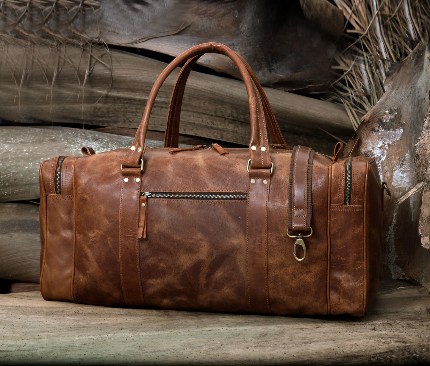 Leather Duffel Bag for Men & Women, Genuine Weekender Travel Bag, Handmade Overnight Gym Bag with Shoulder Strap, Carry-On for Business & Outdoor Travel (Asher Duffel, Light Brown, 24 Inch)
