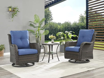 Rilyson Wicker Rocking Chair Swivel Chairs - 3 Piece Rocker Patio Furniture Set Rattan Rocking Bistro Sets with Glass Top Side Table for Outdoor Porch Deck Garden Backyard (Brown/Blue)
