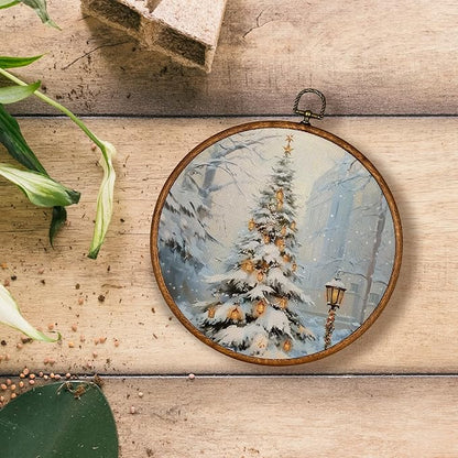 KSDUT Vintage Christmas Wall Decor Art - Retro Snow Christmas Tree Wall Art Canvas Frame Hanging Prints, Merry Xmas Holiday Round Wall Art Decor for Home Farmhouse Decorations 10"x10"
