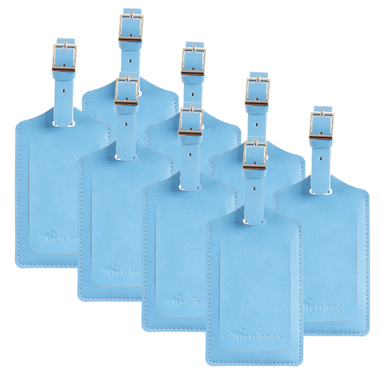Travelambo 8 Pack Luggage Tags Faux Leather for Suitcases Travel Bag Labels Travel Accessories Essential with Protection Cover ID (Light Blue)