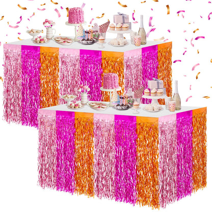 JarThenaAMCS Metallic Tinsel Foil Fringe Table Skirts Light Pink Hot Pink Orange Wavy Disposable Table Skirt 2Pcs Sparkly Party Decor for Parade Floats Wedding Birthday Bride Shower, 29 x 108 Inch