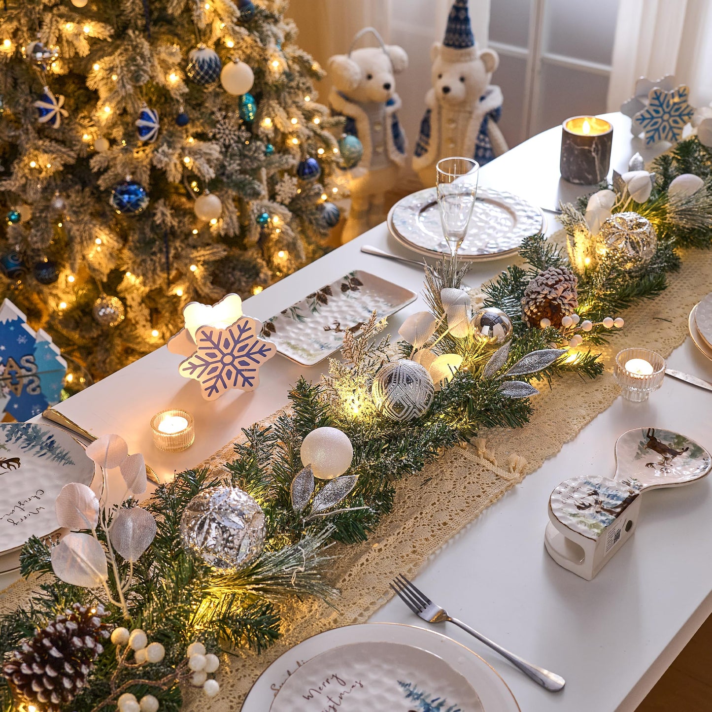 Valery Madelyn 9 Feet Pre-Lit Christmas Garland with Lights for Mantle, Lighted Outdoor Xmas Garland with Snowy White Ball Pinecones for Home Stairs Fireplace Table Centerpiece Indoor Holiday Decor