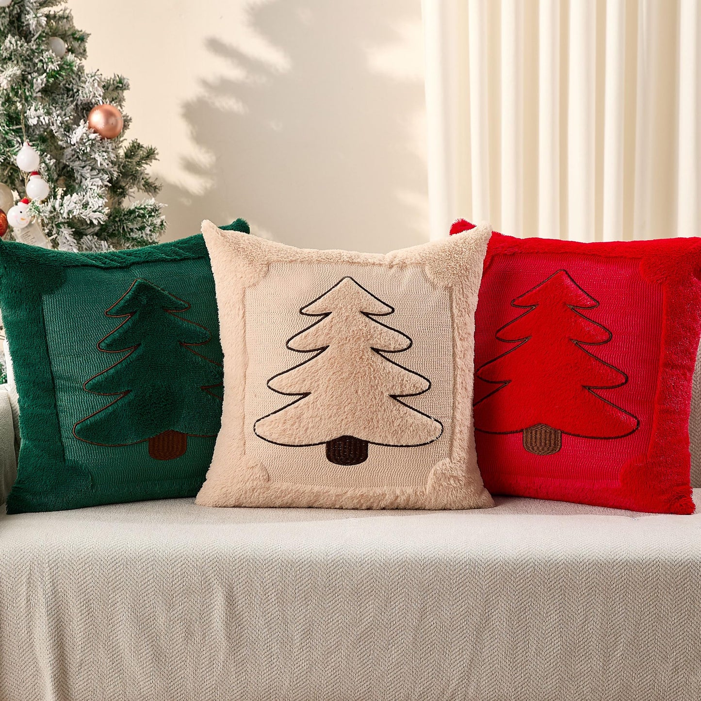 DFXSZ Christmas Pillow Covers 18x18 Beige Big Christmas Tree Decoration Soft Plush Faux Fur Jacquard Throw Pillows for Bedroom Sofa Holiday Festivals Winter Home Decor PTK068C18