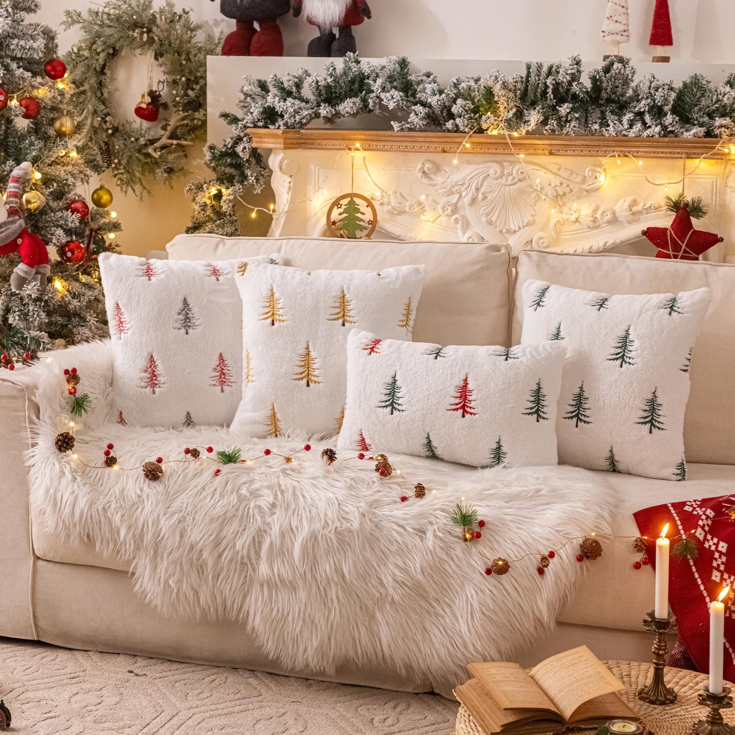 AQOTHES Christmas Tree Green Red Throw Pillow Covers 18x18, Soft Faux Fur Embroidered Throw Pillows for Couch Sofa Cushion Covers Holiday Home Decor