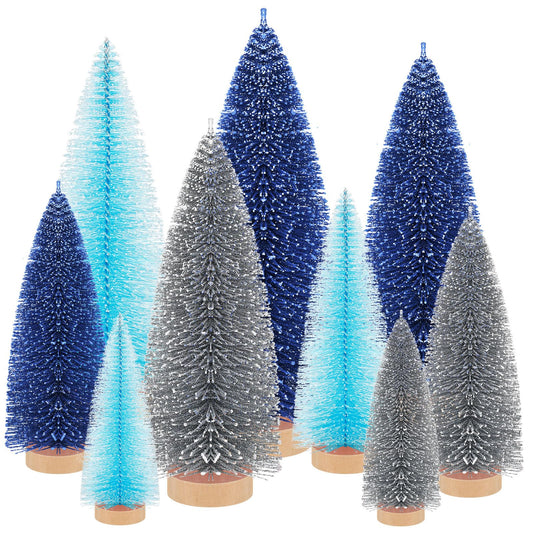 Leyndo 9 Pcs Blue Classic Artificial Mini Christmas Tree Sisal Bottle Brush Trees with Wood Base Christmas Pine Trees for Autumn Winter Holiday Home Kitchen Party Decor