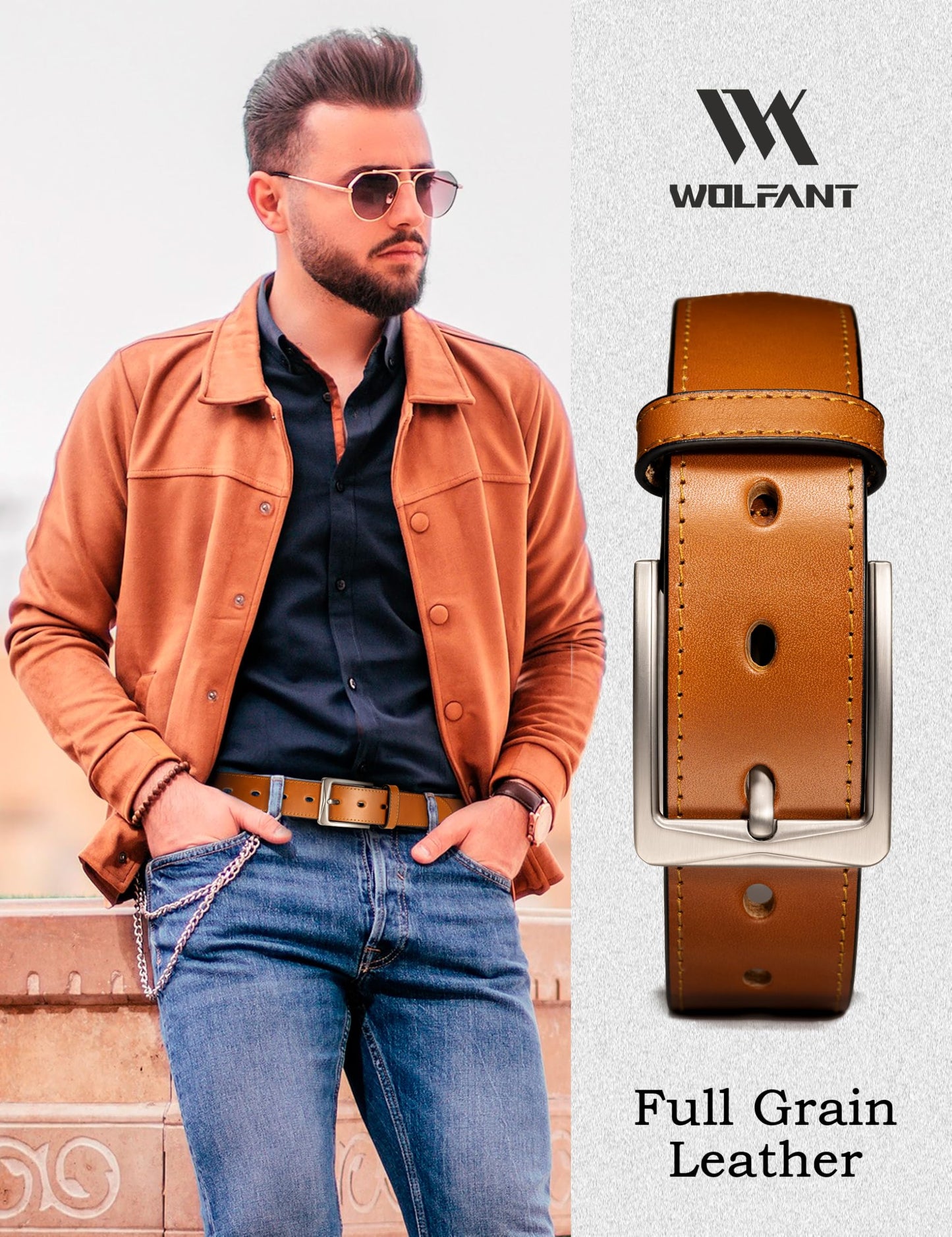 WOLFANT Men's 35mm Dress Casual Belt in Gift Box,100% Italian Full Grain Real Solid Leather
