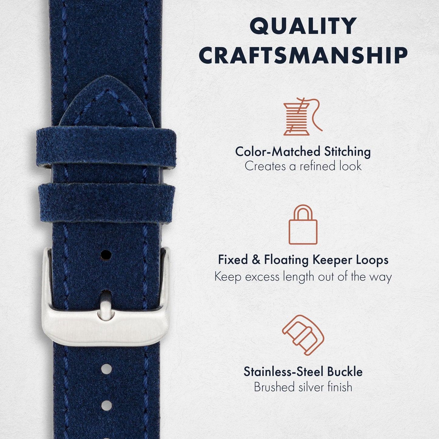 Benchmark Suede 22mm Leather Watch Band – 22mm Quick Release Watch Band with Stainless-Steel Buckle & 9 Adjustable Holes – Blue Leather Watch Bands for Men & Women (22mm, Navy Blue)