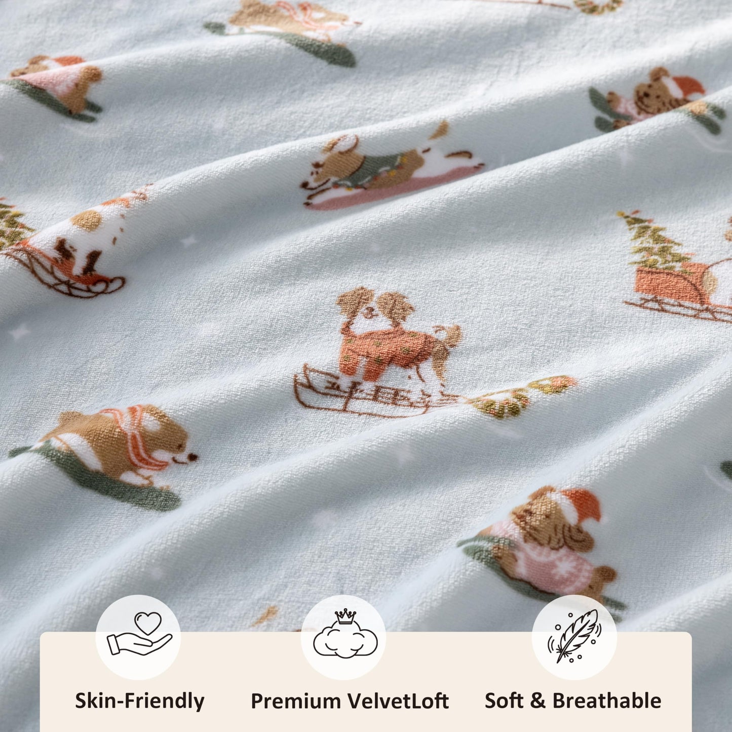 Sushing Christmas Printed Fleece Throw, Soft Plush Warm Festive, Cozy Couch Decor, 60"× 70", Skating Dogs