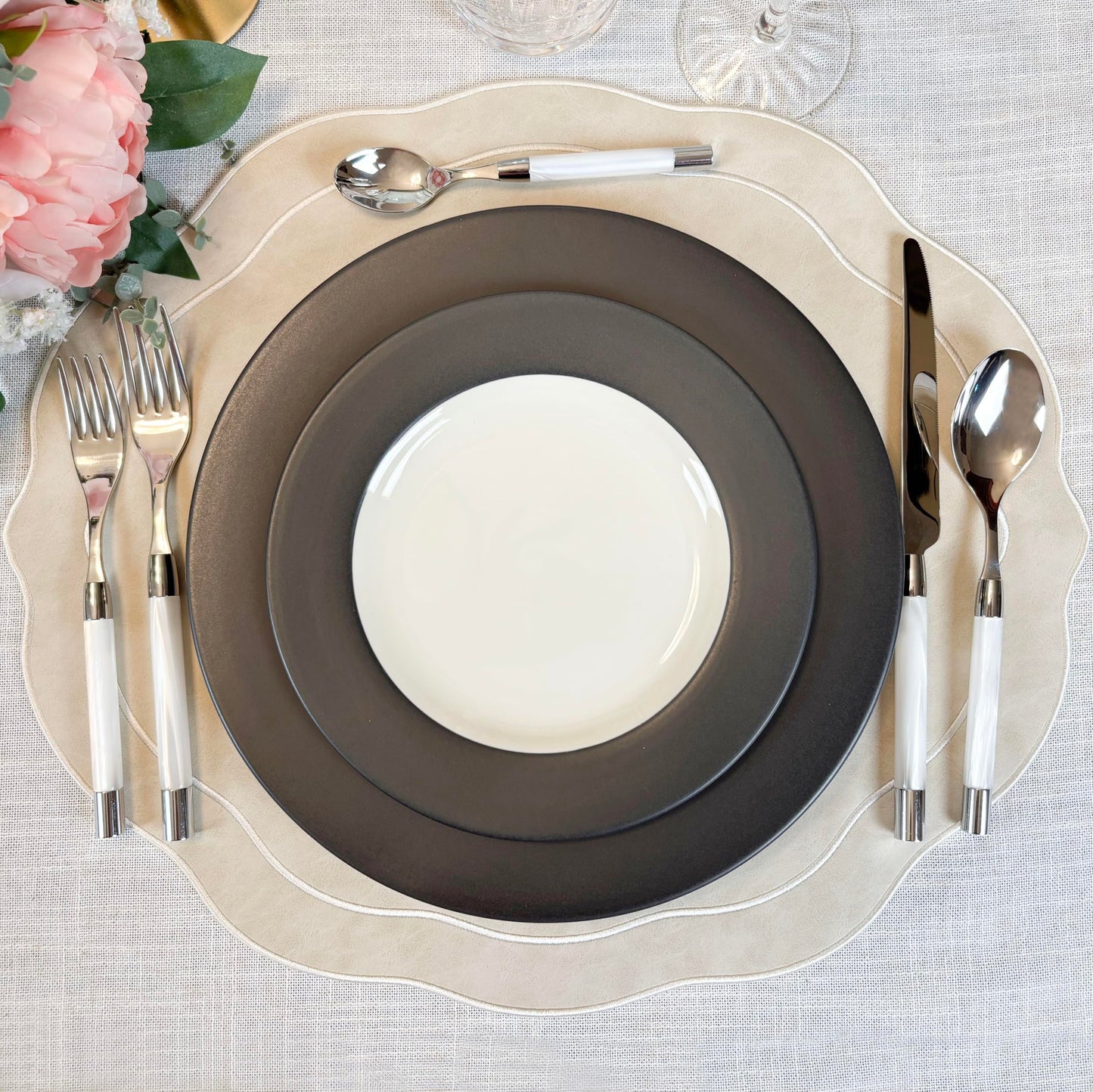 Bryonia Embroidered Scalloped Faux Leather Placemats Set of 4 - Earth Tone, Soft, Wipeable Luxury Dinner Table Mats for Dining & Wedding, 17.25" x 15", Ivory