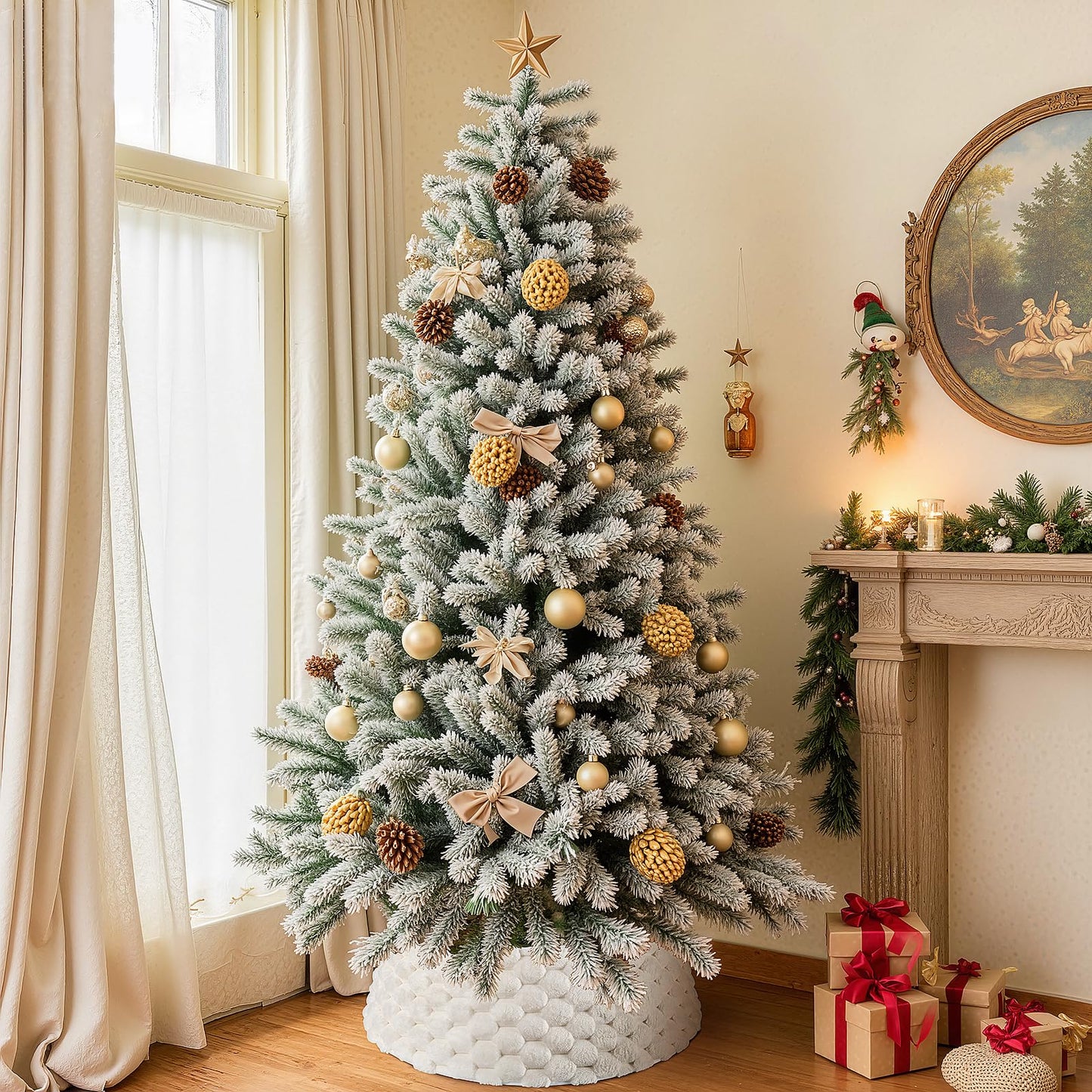 Christmas Tree Collar, Rustic White Luxury Plush Faux Fur Tree Collar with Stripe Textured Pattern, Soft Fluffy Xmas Tree Ring & Boho Tree Skirt for Indoor Home Holiday Decorations
