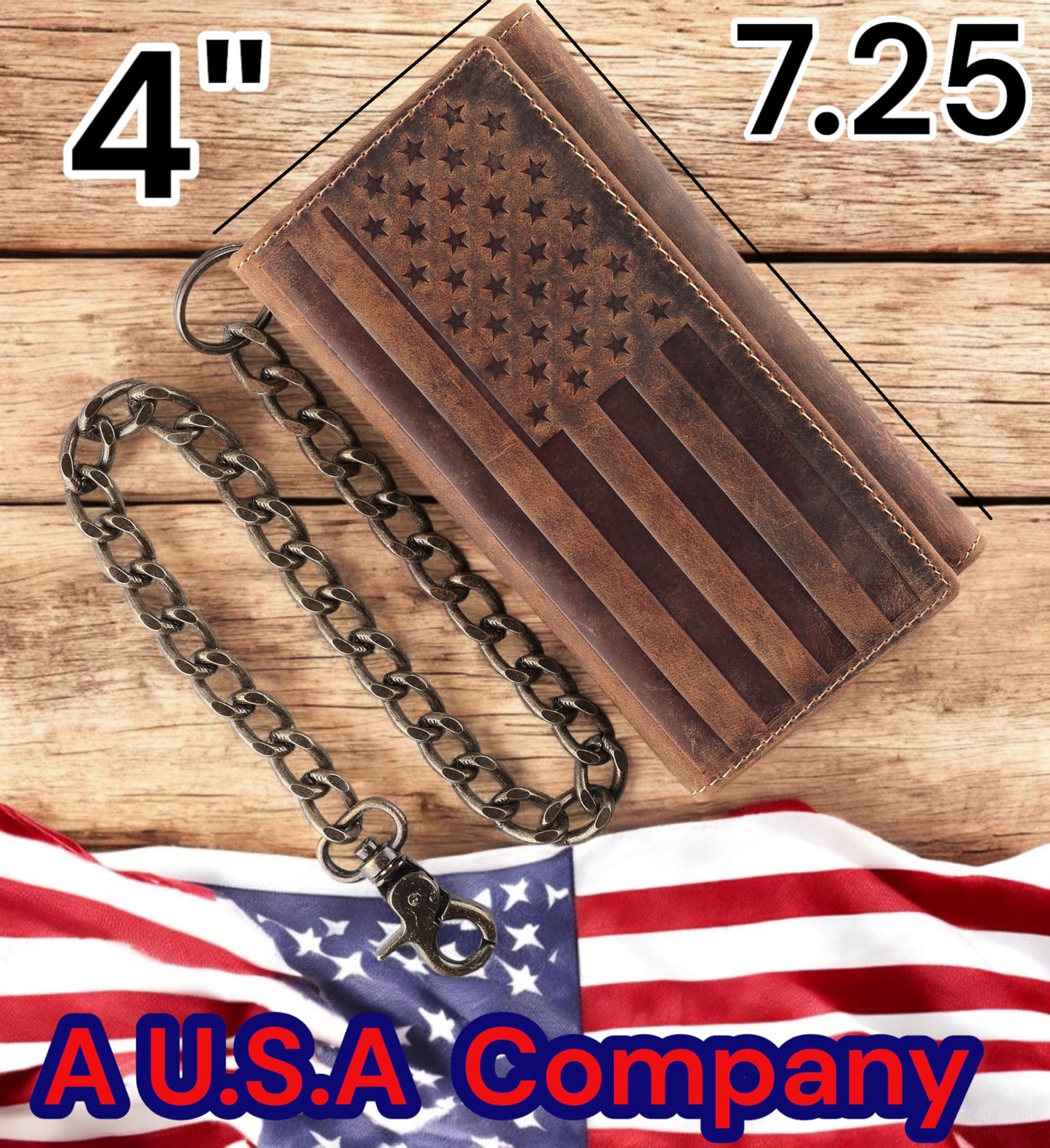 F&L CLASSIC RFID Blocking Mens Tri-fold Long Style Cowhide Leather Steel Chain Wallet,brown flag,212-100
