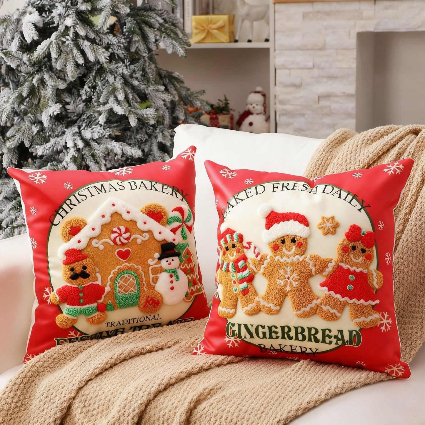 Hahafelt 2 Pcs Christmas Gingerbread Throw Pillow Covers 18x18 Inch 3D Embroidered Christmas Gingerbread Man Decorative Square Pillowcases Cushion Covers Soft Plush Faux Fur Wool Decor for Winter