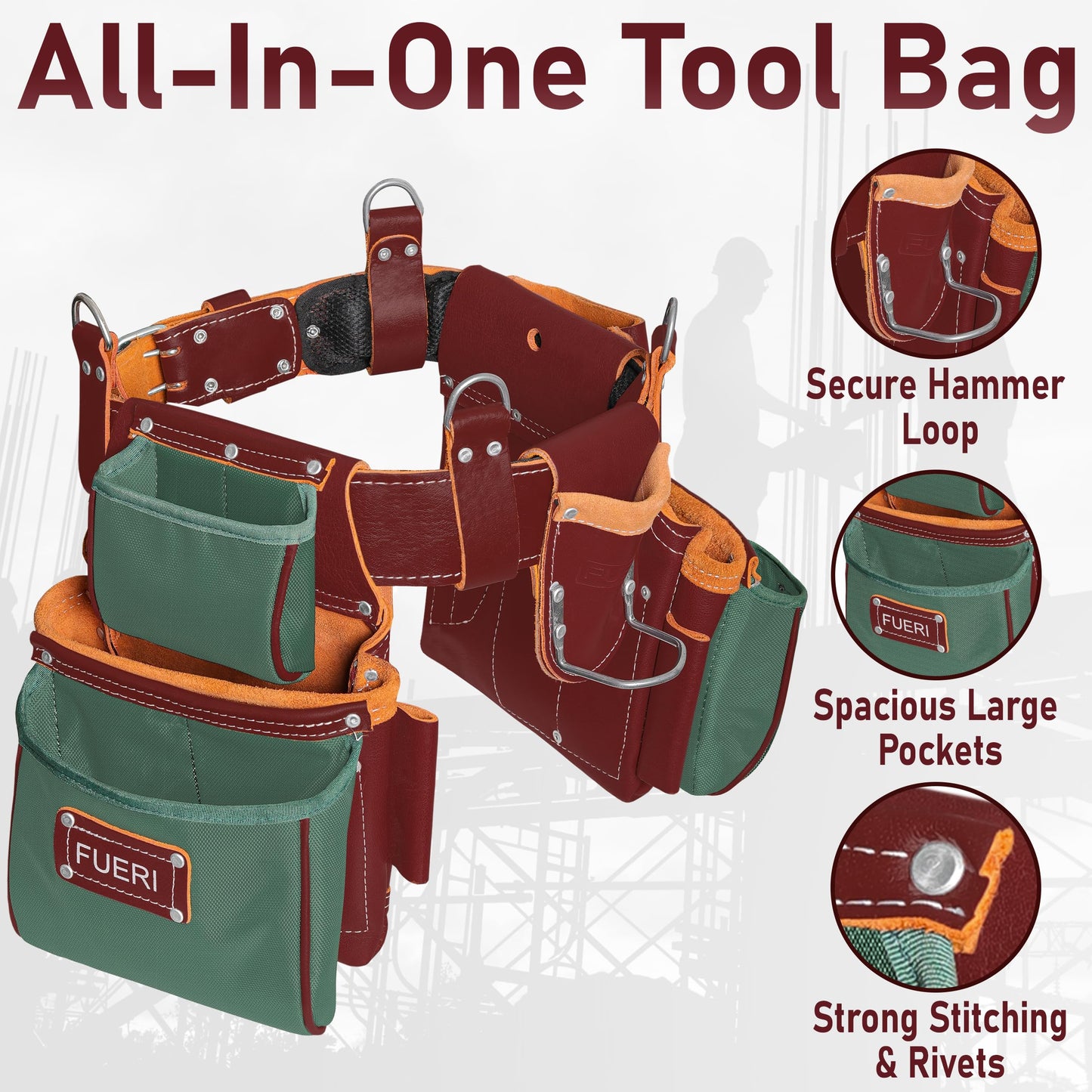 FUERI Electrician's Heavy Duty Tool Belt with Suspender, Made of Thick Leather and Durable Nylon, Comes with Adjustable Padded Tool Belt, Storage Capacity Tool Pouches, Hammer Holder, And Loops.
