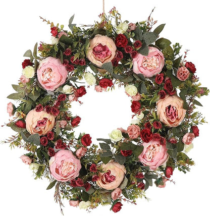 Spring & Summer Wreath, 24in Round, Red Silk & Grapevine, Door Mount, Seasonal Decorative
