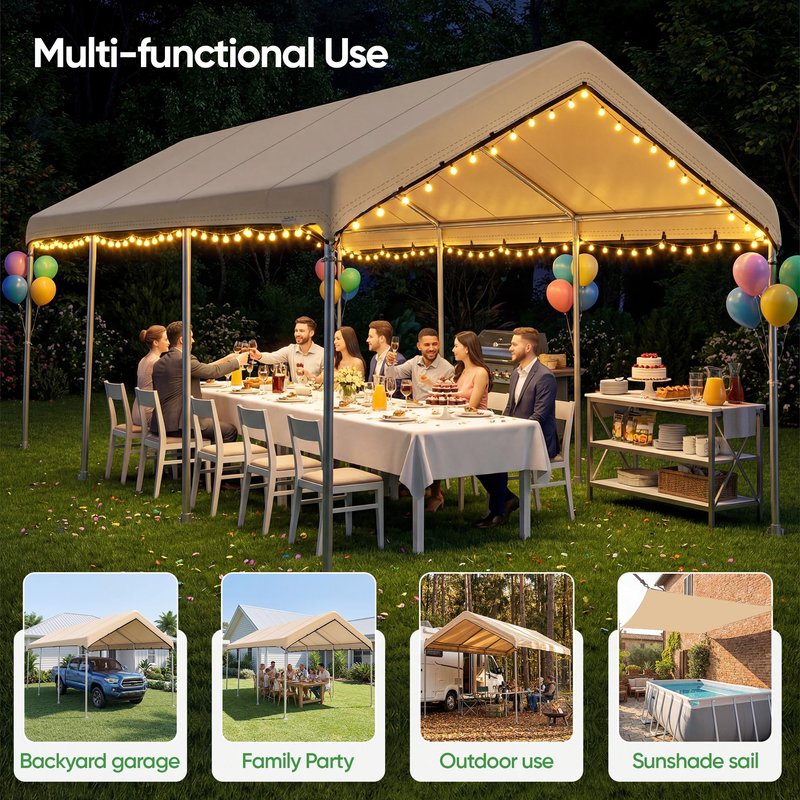 SIHAIAN 10 x 20 Ft Carport Replacement Canopy Cover(No Frame), Easy to Set up Carport Canopy, 500D Heavy-Duty Garage Top Tent Shelter Tarp Waterproof and UV Protected (Only Canopy Cover) Beige