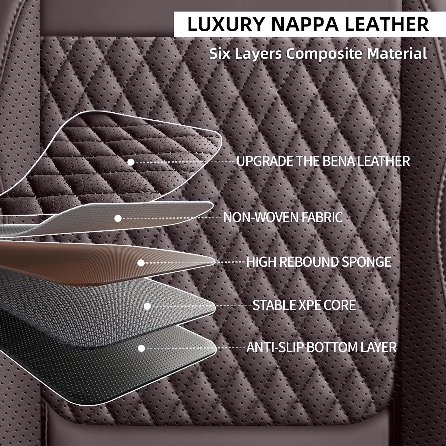 AuraSettle Premium Perforated Napa Leather Car Seat Covers Semi Universal Fit with Lumbar Support, Storage Bag for SUV Sedan Truck (Coffee Brown, Front Row Two Seats)