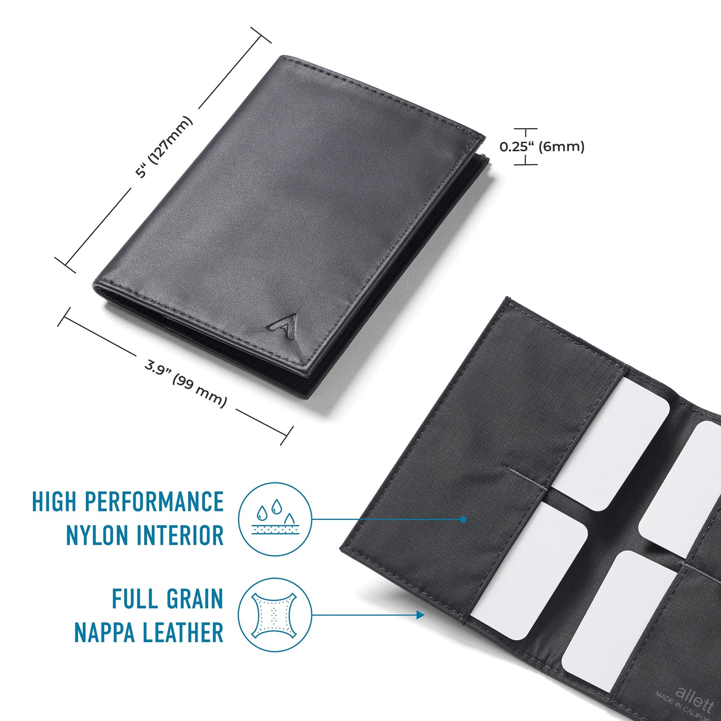 Allett Original Wallet, Onyx Black | Leather, Slim, Minimalist | RFID Blocking, Ultra Thin Bifold, Front Pocket | Holds 4-24+ Cards, Bills, Receipts | Wallets for Men & Women
